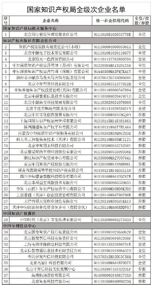 国家知识产权局全级次企业名单