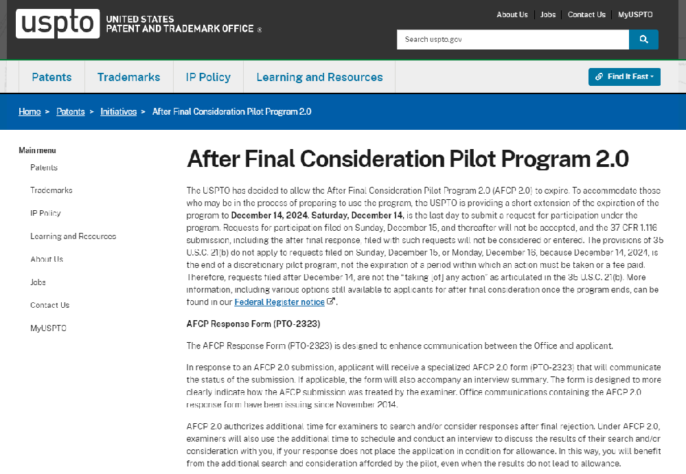 2024年12月14日，美国专利商标局USPTO终止AFCP2.0项目