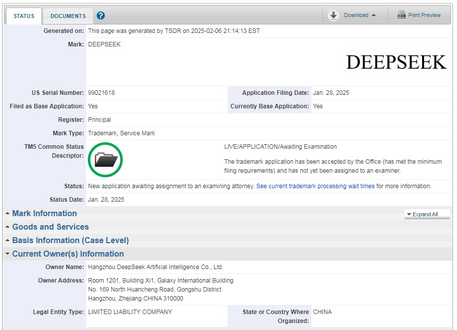 DeepSeek美国商标被抢注，抢注方提前36小时提交申请